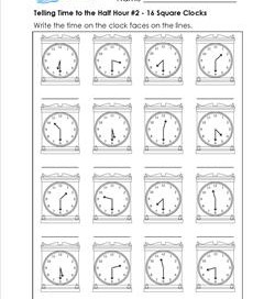 Telling Time to the Half Hour #2 - 16 Square Clocks