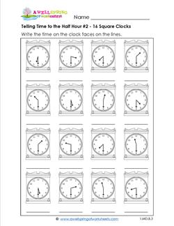 Telling Time to the Half Hour #2 - 16 Square Clocks