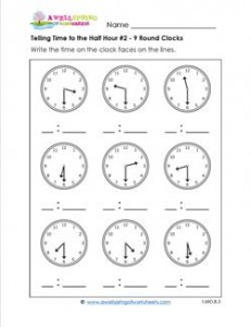 Telling Time to the Half Hour #2 - 9 Round Clocks