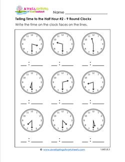 Telling Time to the Half Hour #2 - 9 Round Clocks