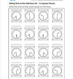 Telling Time to the Half Hour #3 - 16 Square Clocks