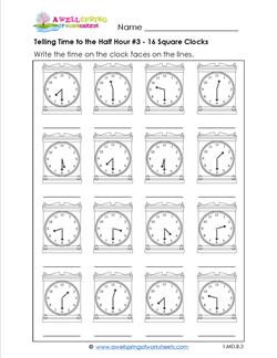 Telling Time to the Half Hour #3 - 16 Square Clocks
