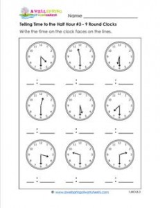Telling Time to the Half Hour #3 - 9 Round Clocks