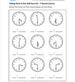 Telling Time to the Half Hour #3 - 9 Round Clocks