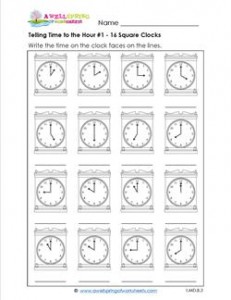 Telling Time to the Hour #1 - 16 Square Clocks