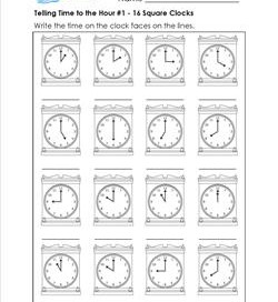 Telling Time to the Hour #1 - 16 Square Clocks