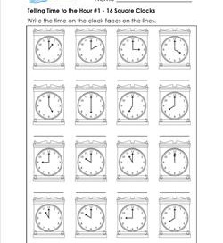 Telling Time to the Hour #1 - 16 Square Clocks