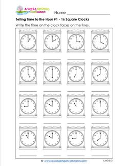 Telling Time to the Hour #1 - 16 Square Clocks