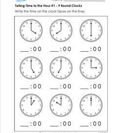 Telling Time to the Hour for First Grade #1 - 9 Round Clocks