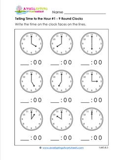 Telling Time to the Hour for First Grade #1 - 9 Round Clocks