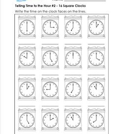 Telling Time to the Hour #2 - 16 Square Clocks