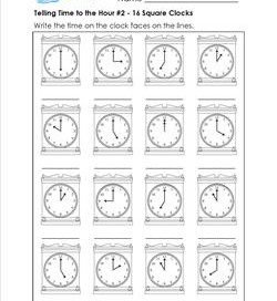 Telling Time to the Hour #2 - 16 Square Clocks