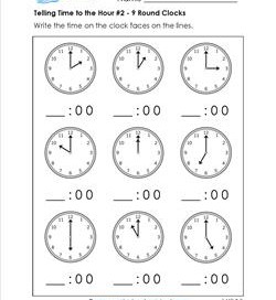 Telling Time to the Hour for First Grade #2 - 9 Round Clocks