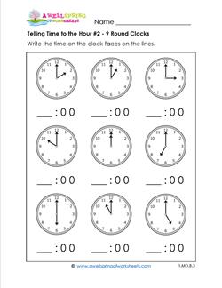 Telling Time to the Hour for First Grade #2 - 9 Round Clocks