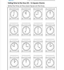 Telling Time to the Hour #3 - 16 Square Clocks