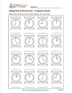 Telling Time to the Hour #3 - 16 Square Clocks