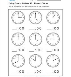 Telling Time to the Hour for First Grade #3 - 9 Round Clocks