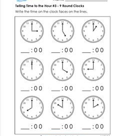 Telling Time to the Hour for First Grade #3 - 9 Round Clocks