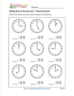 Telling Time to the Hour for First Grade #3 - 9 Round Clocks