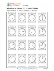Telling Time to the Hour #4 - 16 Square Clocks