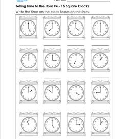 Telling Time to the Hour #4 - 16 Square Clocks