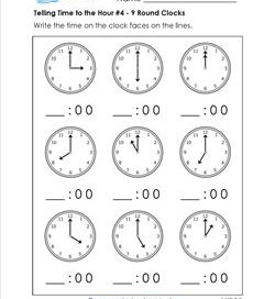 Telling Time to the Hour for First Grade #4 - 9 Round Clocks