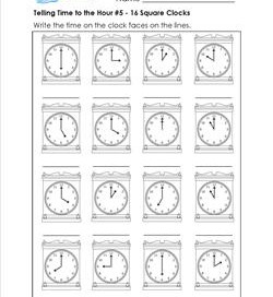 Telling Time to the Hour #5 - 16 Square Clocks