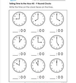 Telling Time to the Hour for First Grade #5 - 9 Round Clocks