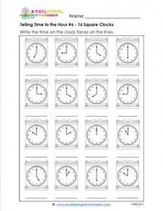Telling Time to the Hour #6 - 16 Square Clocks
