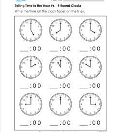 Telling Time to the Hour for First Grade #6 - 9 Round Clocks