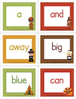 thanksgiving dolch sight word flashcards pre-primer