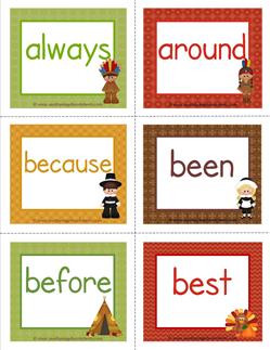 thanksgiving dolch sight word flashcards second grade