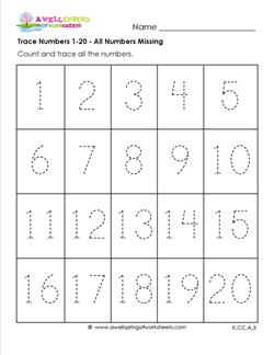 Trace All Numbers 1-20 - Kindergarten Numbers Worksheets