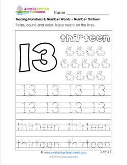 tracing numbers and number words - number 13