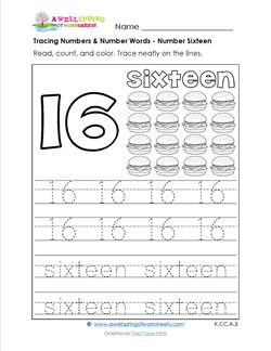 tracing numbers and number words - number 16