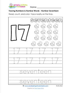 tracing numbers and number words - number 17