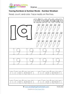 tracing numbers and number words - number 19