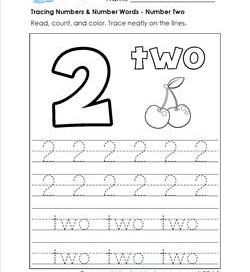 tracing numbers and number words - number 2