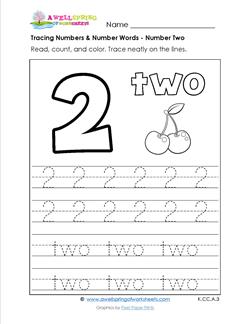 tracing numbers and number words - number 2