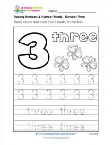 tracing numbers and number words - number 3