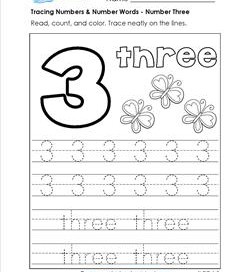 tracing numbers and number words - number 3