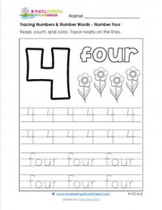 tracing numbers and number words - number 4