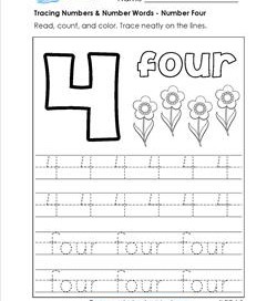 tracing numbers and number words - number 4