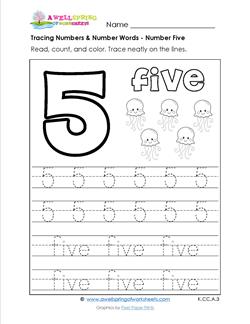 tracing numbers and number words - number 5