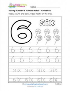 tracing numbers and number words - number 6