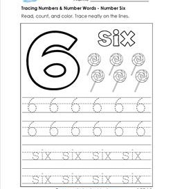 tracing numbers and number words - number 6