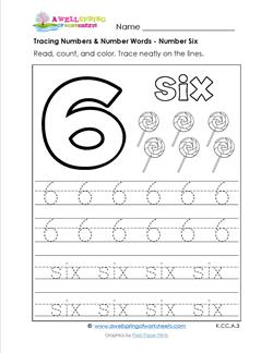 tracing numbers and number words - number 6