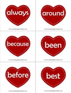 valentine hearts dolch sight word flashcards second grade