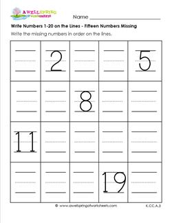 write numbers 1-20 on the lines - fifteen numbers missing