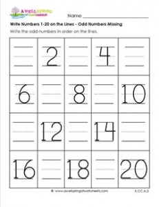 write numbers 1-20 on the lines - odd numbers missing